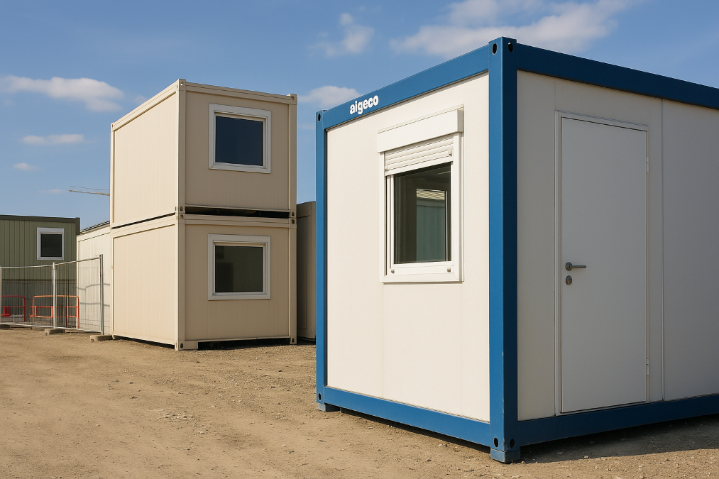 Algeco d occasion sur chantier modulaire avec plusieurs unités préfabriquées empilées et prêtes à l’installation